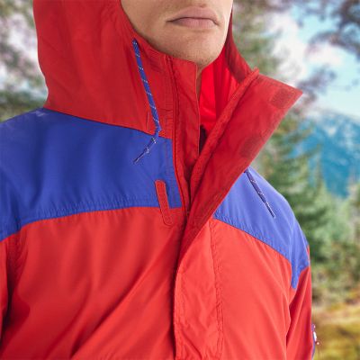 Close-up of model showcasing the half-zip front closure. 