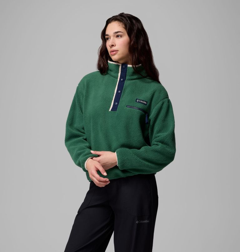 Women's Helvetia II Cropped Half Snap Fleece Pullover, Color: Rain Forest, Collegiate Navy, Dark Stone, image 4