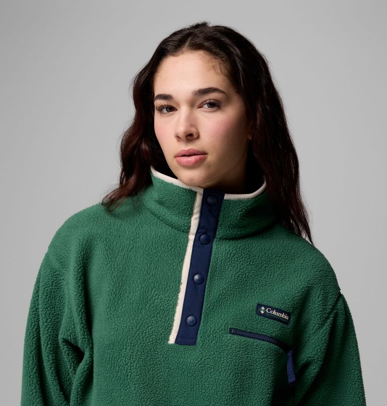 Women's Helvetia II Cropped Half Snap Fleece Pullover, Color: Rain Forest, Collegiate Navy, Dark Stone, image 5