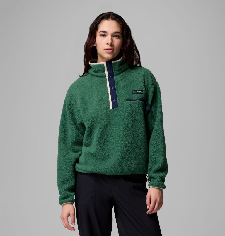 Women's Helvetia II Cropped Half Snap Fleece Pullover, Color: Rain Forest, Collegiate Navy, Dark Stone, image 1