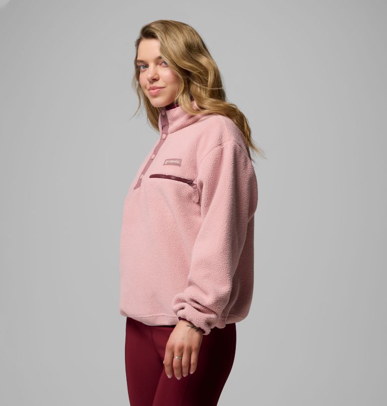 Women's Helvetia II Cropped Half Snap Fleece Pullover, Color: Eraser Pink, Fig, Rich Wine, image 4