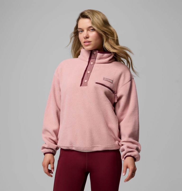 Women's Helvetia II Cropped Half Snap Fleece Pullover, Color: Eraser Pink, Fig, Rich Wine, image 1