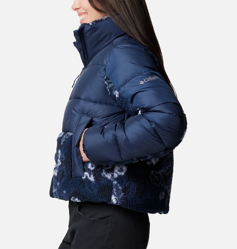 Women's Leadbetter Point II Sherpa Printed Puffer Jacket, Color: Collegiate Navy, Coll Navy Shadowvines, image 3