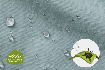 Close up of fabric with the Omni Shield logo in the bottom left and a graphic showing how moisture beads on the fabric's surface.