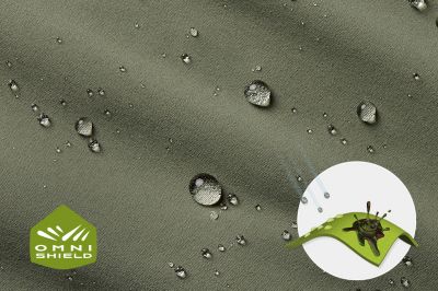 Close-up of fabric with the Omni Shield logo in the bottom left and a graphic showing how moisture beads on the fabric's surface.