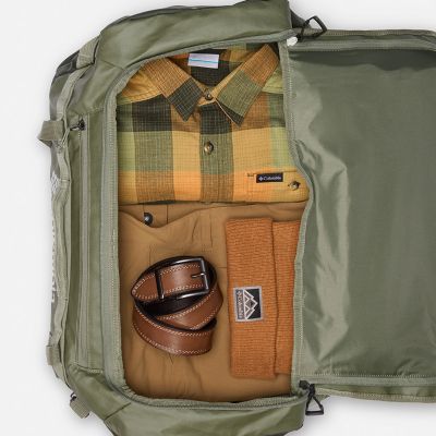 A duffel bag packed with gear.