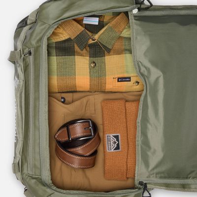 A duffel bag packed with gear.