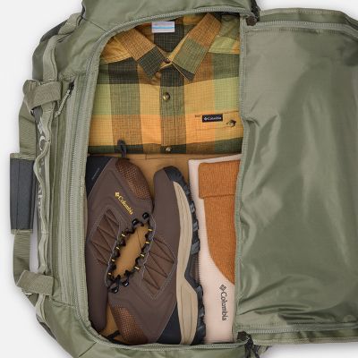 A duffel bag packed with gear.
