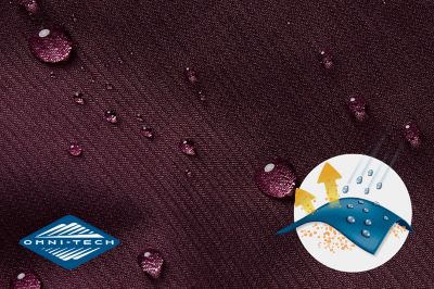 Close up of fabric with the Omni Tech logo in the bottom left and a graphic showing how moisture beads on the fabric's surface.