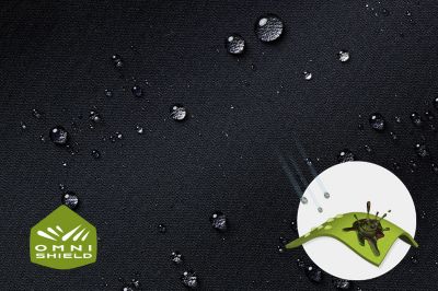 Close up of fabric with the Omni Shield logo in the bottom left and a graphic showing how moisture beads on the fabric's surface.