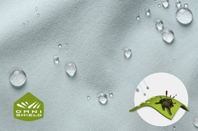 Close up of fabric with the Omni Shield logo in the bottom left and a graphic showing how moisture beads on the fabric's surface.