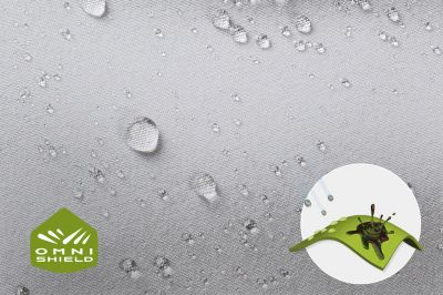 Close up of fabric with the Omni Shield logo in the bottom left and a graphic showing how moisture beads on the fabric's surface.