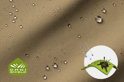 Close-up of fabric with the Omni Shield logo in the bottom left and a graphic showing how moisture beads on the fabric's surface.