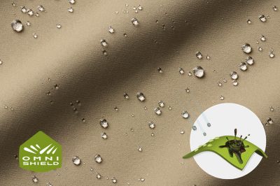 Close up of fabric with the Omni Shield logo in the bottom left and a graphic showing how moisture beads on the fabric's surface.
