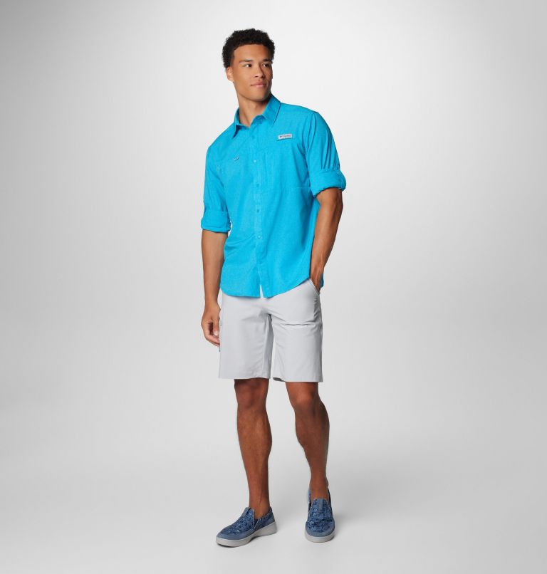 Men's PFG Solar Breeze Woven Long Sleeve Shirt, Color: Ocean Blue Heather, image 3
