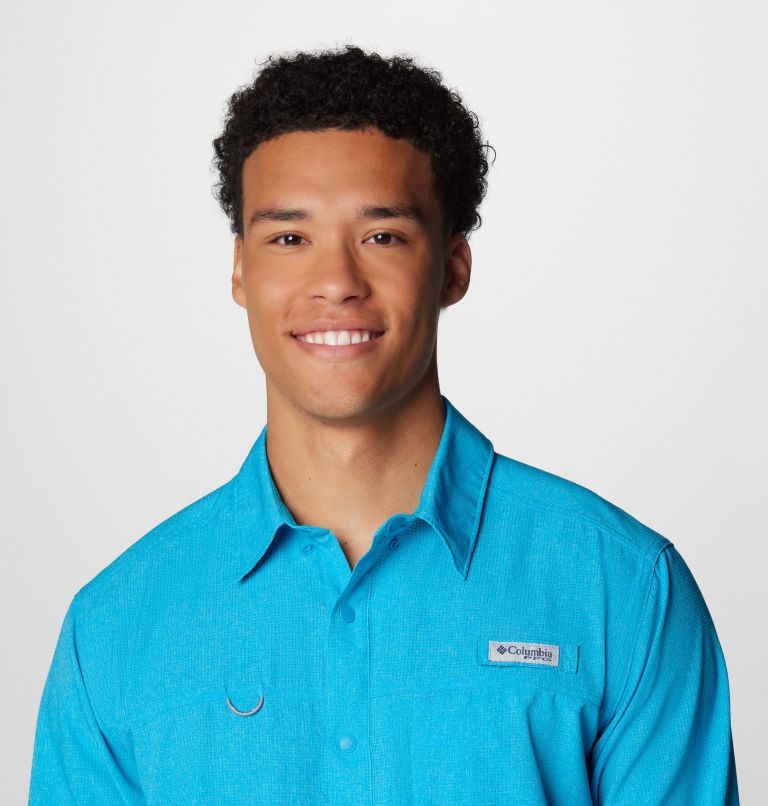 Men's PFG Solar Breeze Woven Long Sleeve Shirt, Color: Ocean Blue Heather, image 5