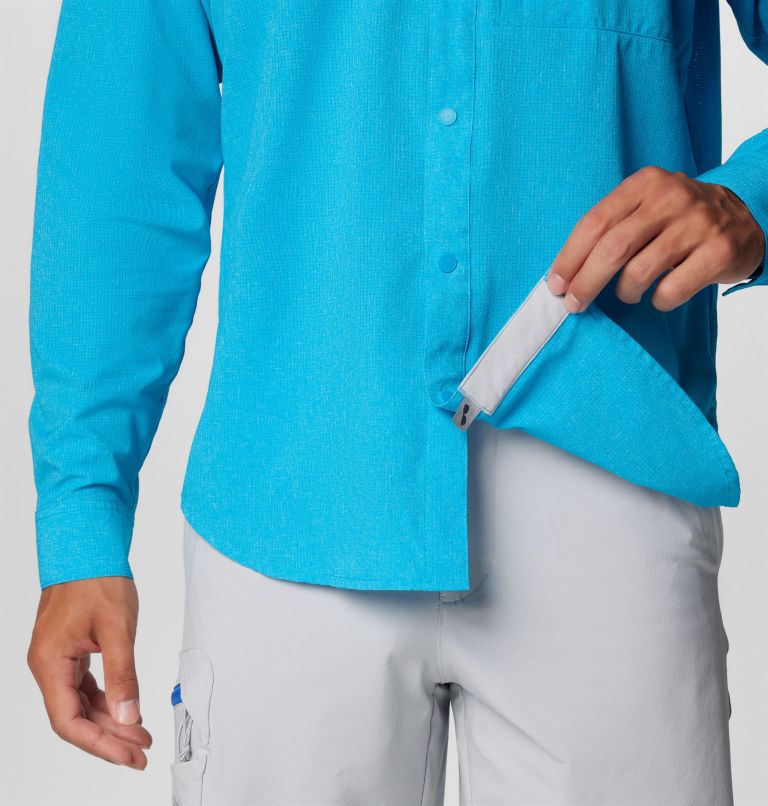 Men's PFG Solar Breeze Woven Long Sleeve Shirt, Color: Ocean Blue Heather, image 7