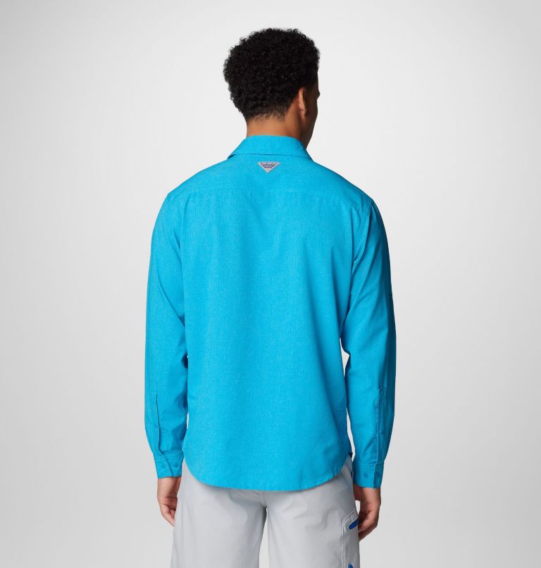 Men's PFG Solar Breeze Woven Long Sleeve Shirt, Color: Ocean Blue Heather, image 2