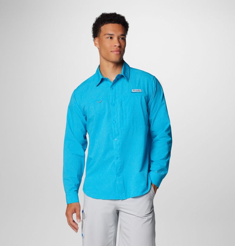 Men's PFG Solar Breeze Woven Long Sleeve Shirt, Color: Ocean Blue Heather, image 1
