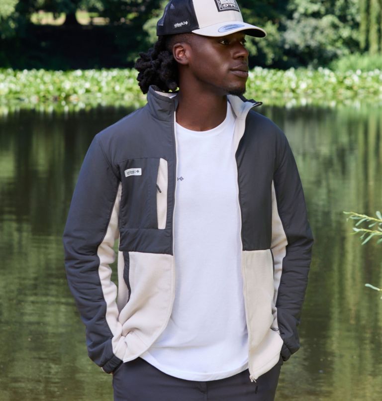 Men's PFG Uncharted Fleece Jacket, Color: Shark, Dark Stone, image 10