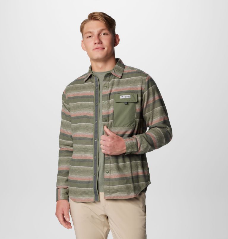 Men's PFG Uncharted Overshirt, Color: Smokey Sage Lunar Stripe, image 1
