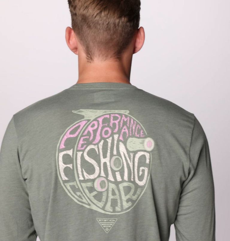 Men's PFG Uncharted Technical Long Sleeve T-Shirt, Color: Cypress Heather, Reel Fly