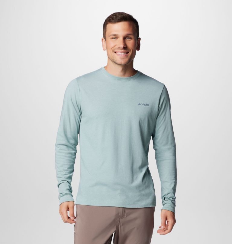 Men's PFG Uncharted Long Sleeve Tech T-Shirt, Color: Crushed Blue Heather, Rooster Rise, image 2