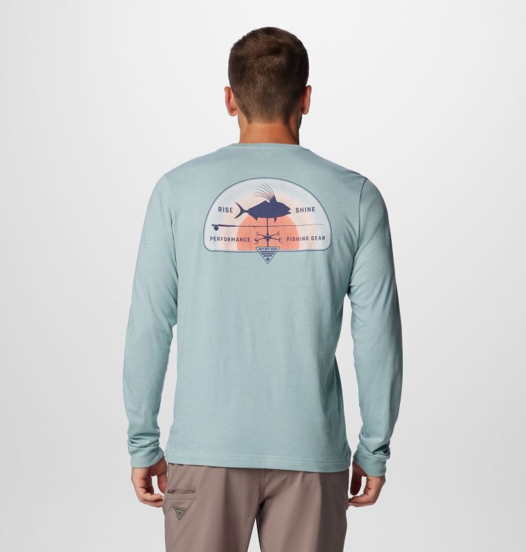 Men's PFG Uncharted Long Sleeve Tech T-Shirt, Color: Crushed Blue Heather, Rooster Rise, image 1