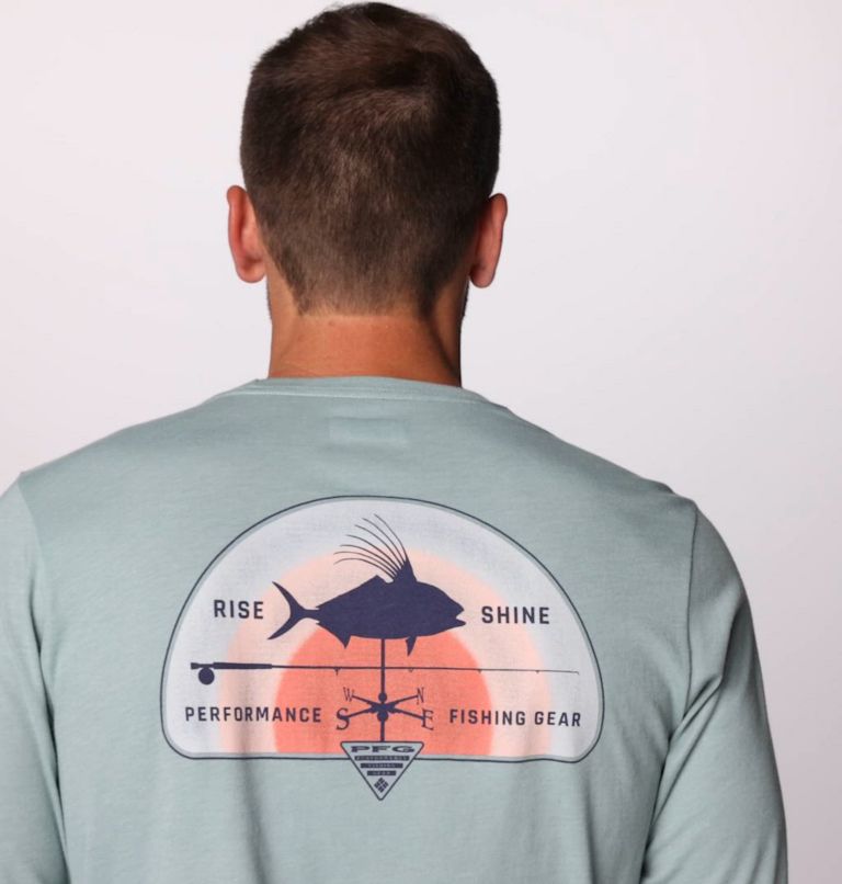 Men's PFG Uncharted Long Sleeve Tech T-Shirt, Color: Crushed Blue Heather, Rooster Rise