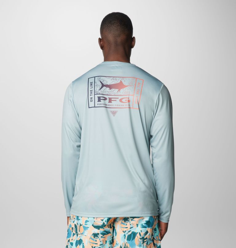 Men's PFG Terminal Tackle Line Time Long Sleeve Shirt, Color: Crushed Blue, Line Time Fade Marlin, image 1