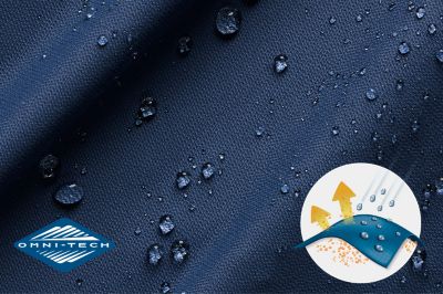 Close up of fabric with the Omni Tech logo in the bottom left and a graphic showing how moisture beads on the fabric's surface.