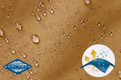 Close up of fabric with the Omni Tech logo in the bottom left and a graphic showing how moisture beads on the fabric's surface.