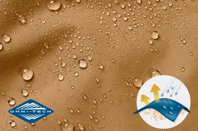 Close up of fabric with the Omni Tech logo in the bottom left and a graphic showing how moisture beads on the fabric's surface.