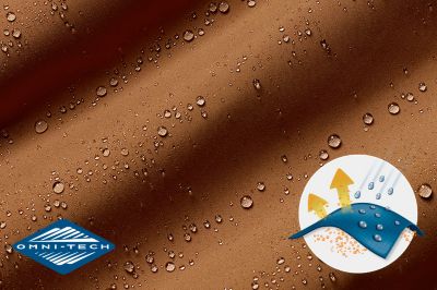 A close-up of beaded water on fabric with a graphic on the right showing how the waterproof-breathable technology works.