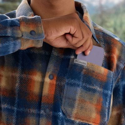 Model dropping phone into chest pocket.