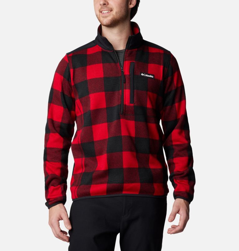 Men's Sweater Weather II Printed Half Zip Pullover, Color: Mountain Red, Check Print, Mtn Red Black, image 1