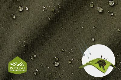 Close up of fabric with the Omni Shield logo in the bottom left and a graphic showing how moisture beads on the fabric's surface.