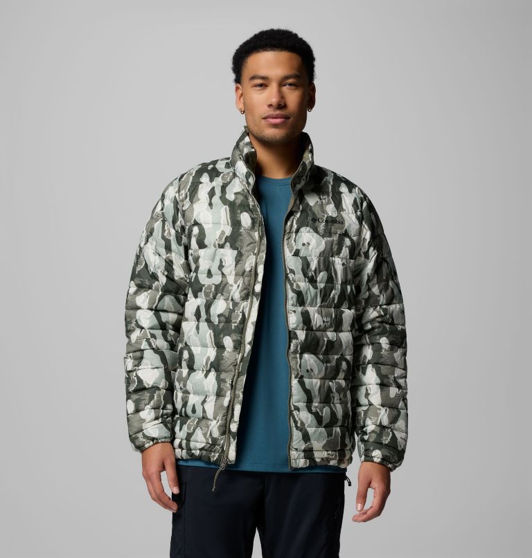 Men's Powder Lite II Printed Jacket, Color: Stone Green Treebark Print, image 1