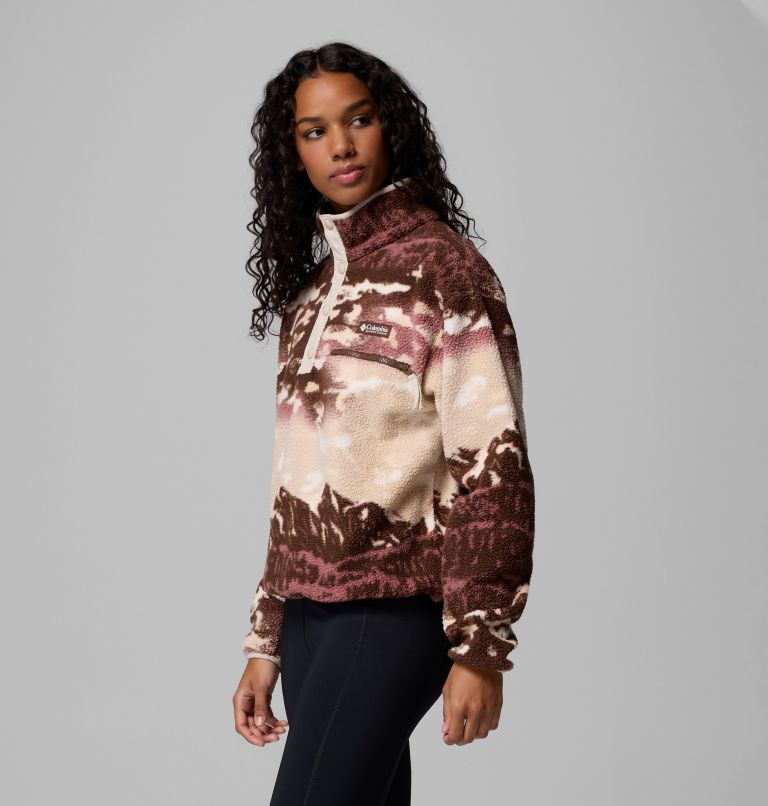 Women's Helvetia II Printed Cropped Half Snap Fleece Pullover, Color: Tobacco Sisters, Dark Stone, image 4