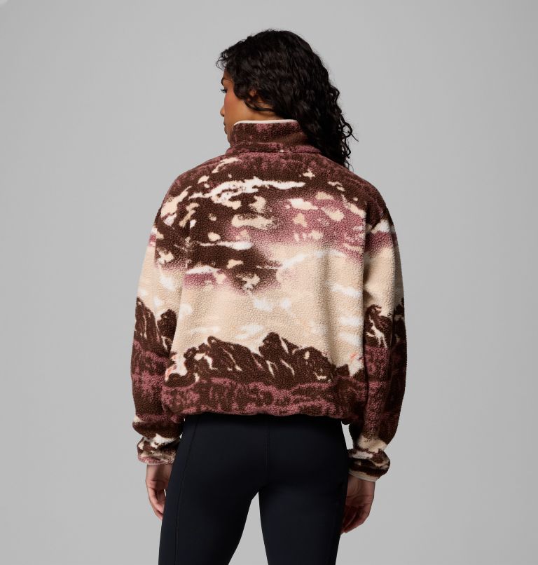 Women's Helvetia II Printed Cropped Half Snap Fleece Pullover, Color: Tobacco Sisters, Dark Stone, image 3