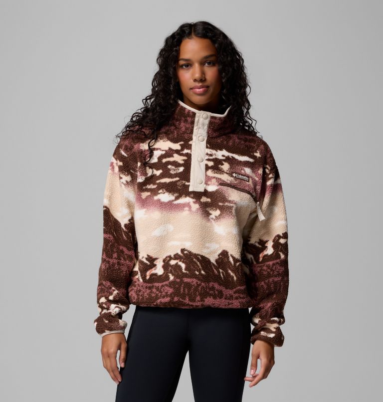 Women's Helvetia II Printed Cropped Half Snap Fleece Pullover, Color: Tobacco Sisters, Dark Stone, image 1