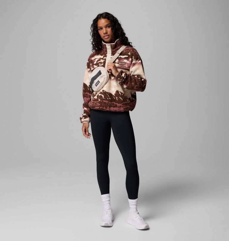 Women's Helvetia II Printed Cropped Half Snap Fleece Pullover, Color: Tobacco Sisters, Dark Stone, image 2