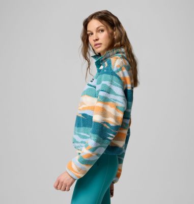 Forro polar sherpa corto con cierre medio y estampado Helvetia II para mujer, Color: Teal Rogue Valley, image 4