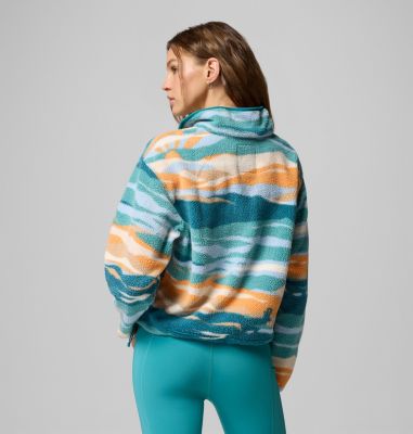 Forro polar sherpa corto con cierre medio y estampado Helvetia II para mujer, Color: Teal Rogue Valley, image 3