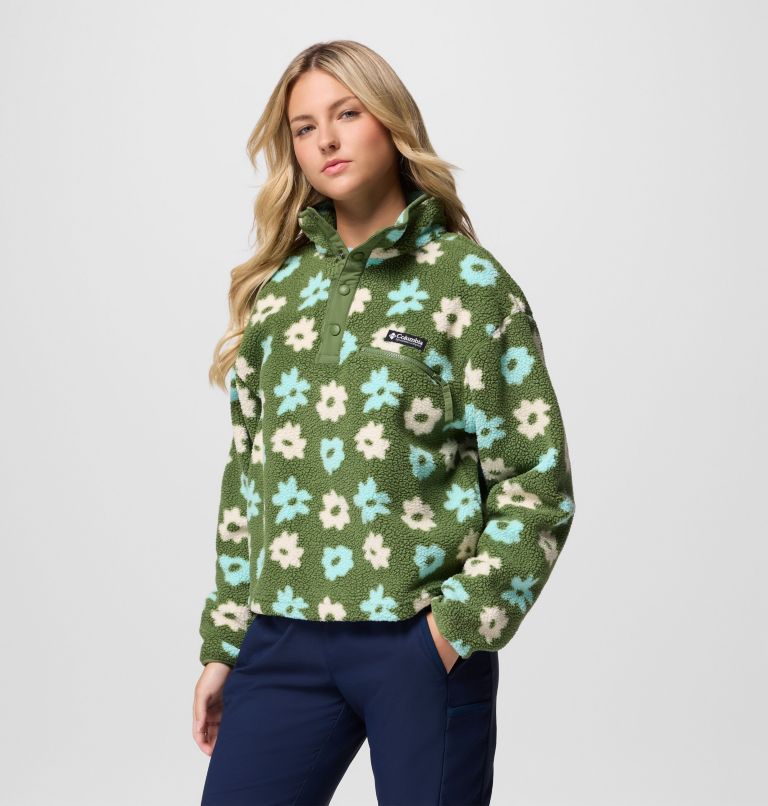Women's Helvetia II Cropped Sherpa Half Snap Printed Fleece, Color: Canteen, image 4