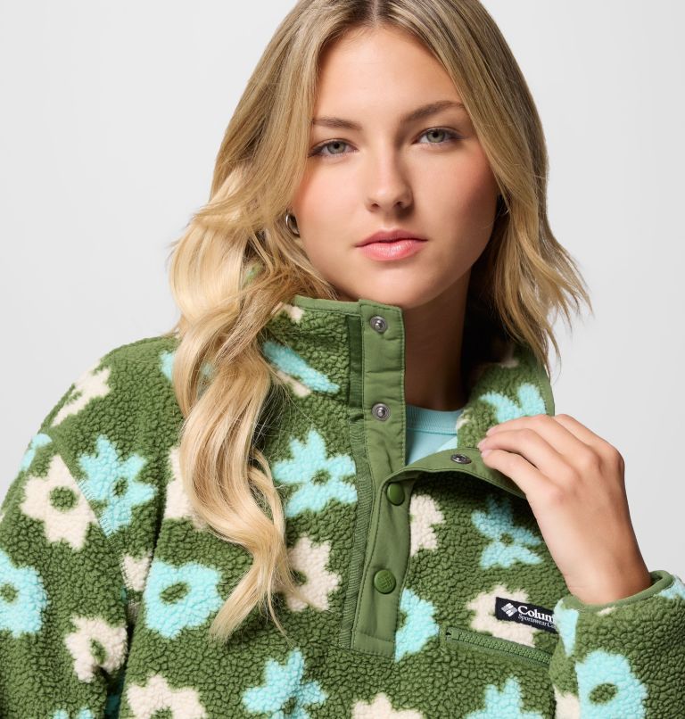 Women's Helvetia II Cropped Sherpa Half Snap Printed Fleece, Color: Canteen, image 5