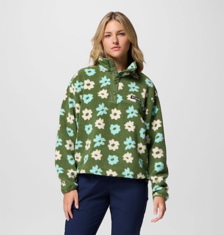 Women's Helvetia II Cropped Sherpa Half Snap Printed Fleece, Color: Canteen, image 1