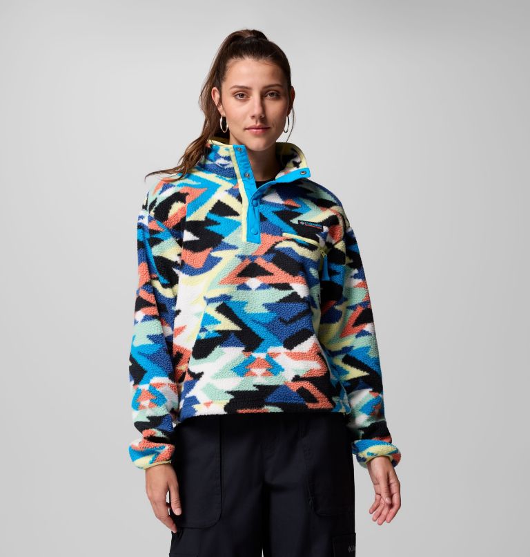 Women's Helvetia II Printed Cropped Half Snap Fleece Pullover, Color: Compass Blue Reflections, Compass Blue, , image 1