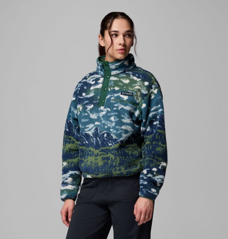 Women's Helvetia II Printed Cropped Half Snap Fleece Pullover, Color: Everblue Sisters, Rain Forest, image 4