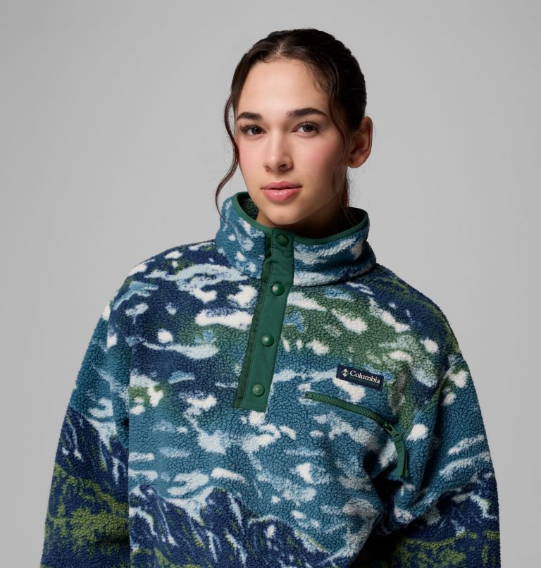 Women's Helvetia II Printed Cropped Half Snap Fleece Pullover, Color: Everblue Sisters, Rain Forest, image 5